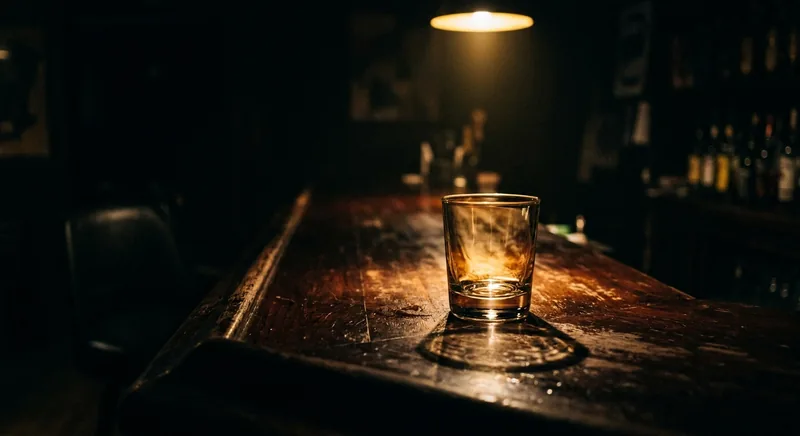 Empty glass on dark bar counter with golden light casting shadows symbolizing addiction as fear regulation