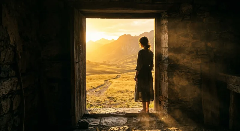 Person frozen in dark doorway facing a vast golden landscape symbolizing agoraphobia confinement