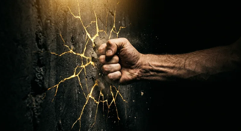 Fist striking dark wall creating golden cracks at impact symbolizing anger as structural pattern not management problem