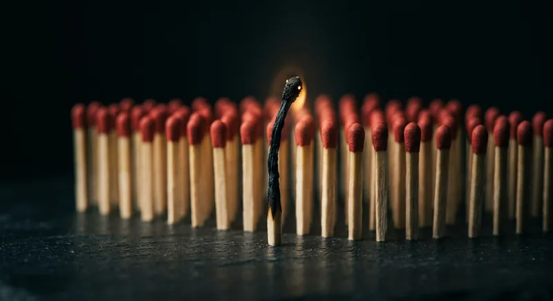 Single burnt match with golden ember standing among unlit matches symbolizing burnout
