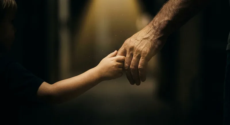 Child's hand reaching for adult hand illuminated by golden light symbolizing childhood anxiety and parental guidance