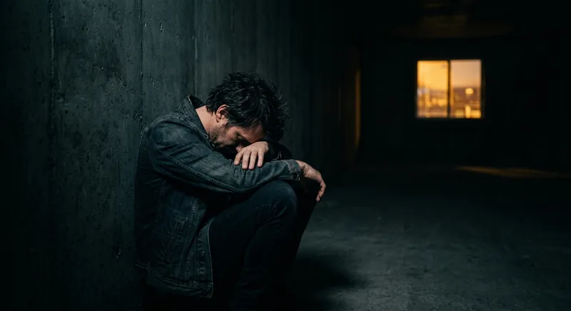 Exhausted figure slumped against dark wall with distant golden window light symbolizing chronic fatigue