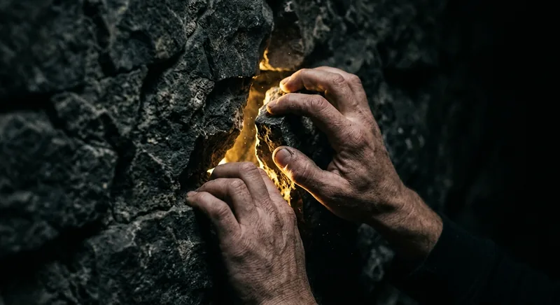 Hands gripping cracked wall with golden light seeping through symbolizing chronic pain without explanation