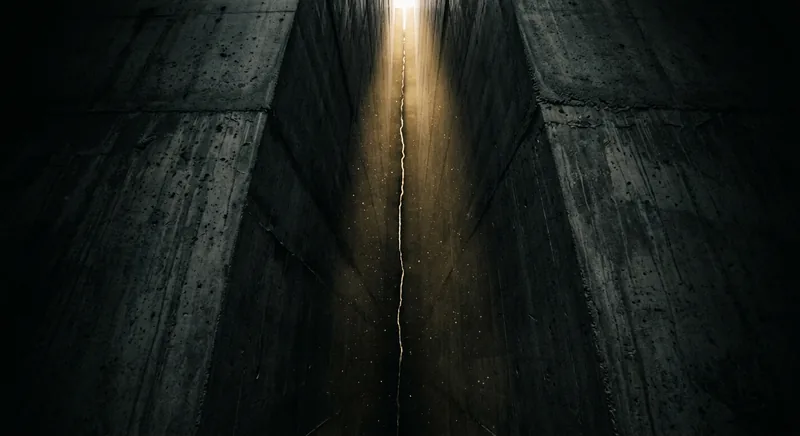 Narrow concrete walls closing in with thin golden light between them symbolizing claustrophobia