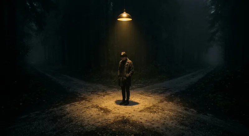 Figure at dark crossroads with golden light only at the center symbolizing decision paralysis