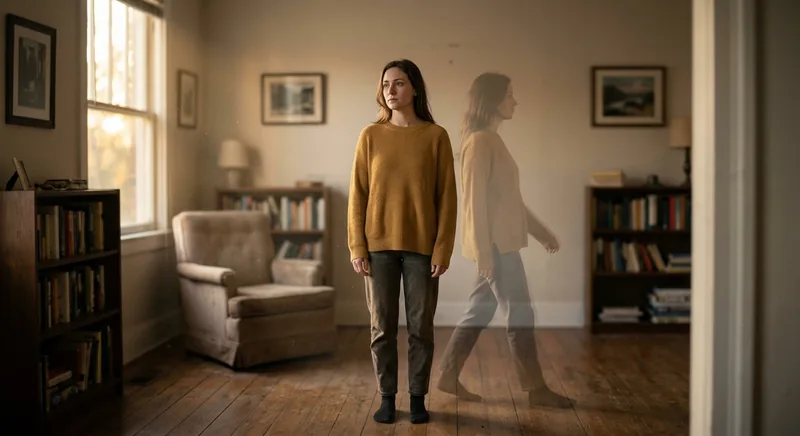 Double exposure figure disconnecting from their own body in golden haze symbolizing depersonalization