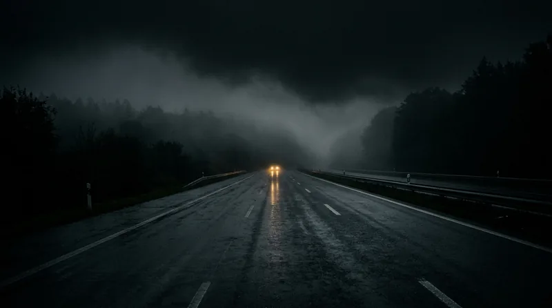 Dark empty highway at night with golden headlight reflections in fog symbolizing driving anxiety
