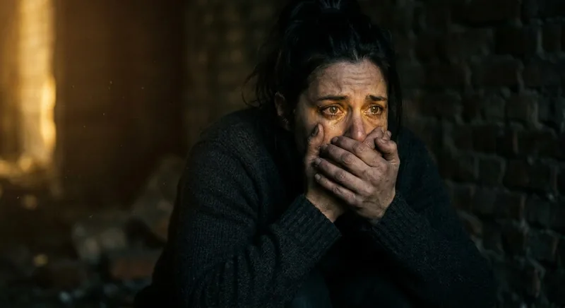 Person covering mouth in darkness with golden light in eyes symbolizing emetophobia dread