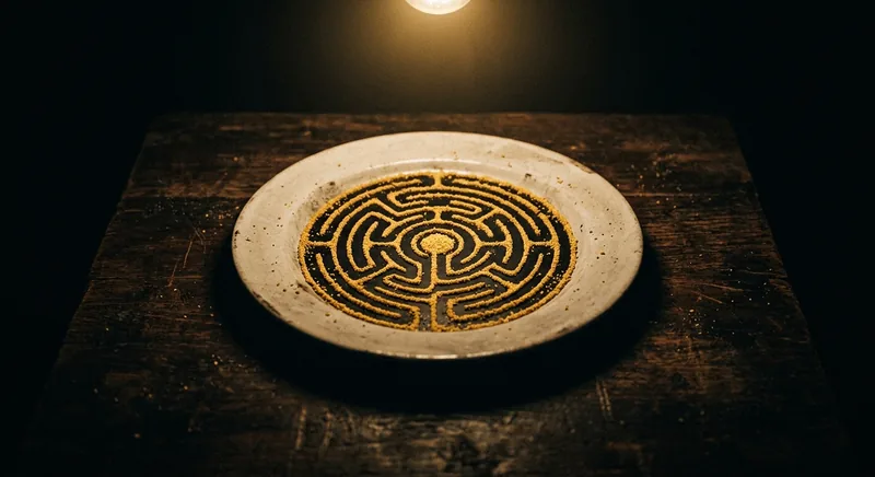 Empty plate with golden crumbs forming labyrinth pattern symbolizing emotional eating as hidden fear pattern