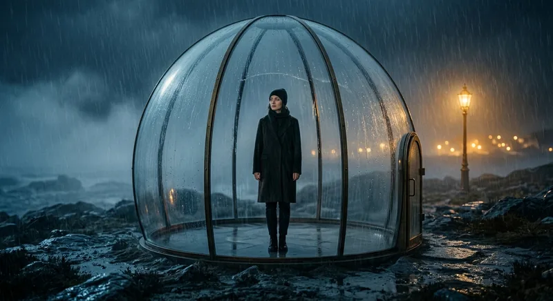 Still figure under glass dome in heavy rain with golden streetlight symbolizing emotional numbness and disconnection
