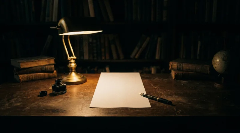 Blank paper under golden desk lamp with pen beside it symbolizing exam anxiety freeze