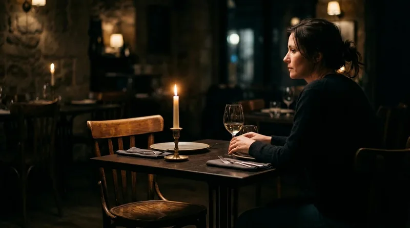 Single chair at table set for two with golden candlelight on empty seat symbolizing fear of abandonment