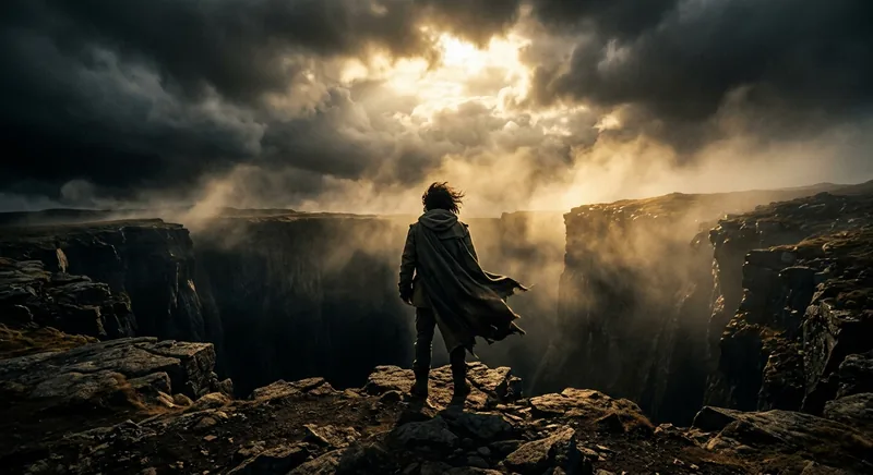 Solitary figure standing at the edge of a dark abyss with golden light breaking through clouds above
