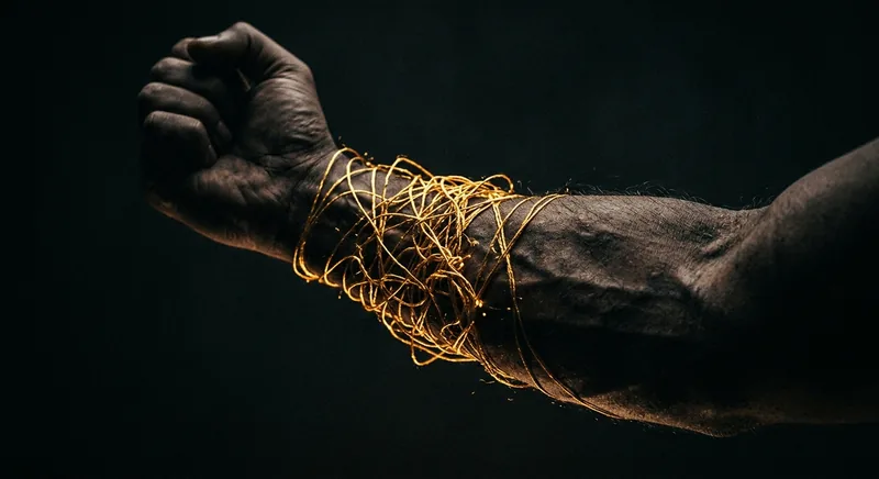 Golden threads wrapped tightly around forearm against darkness symbolizing fibromyalgia neural network pain