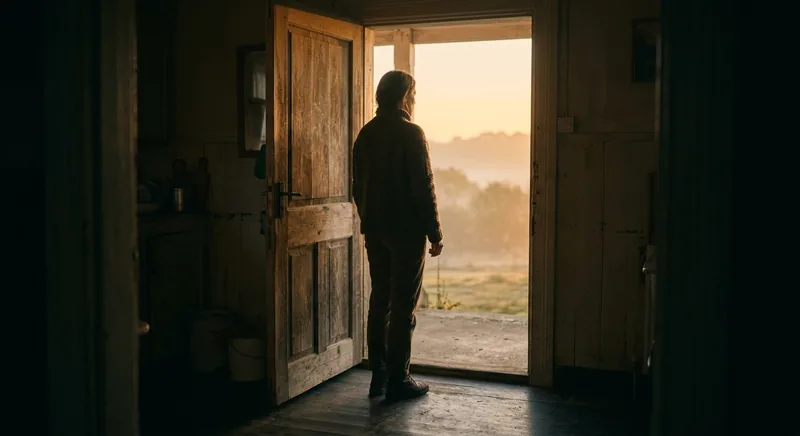 Figure rooted in dark doorway facing golden dawn light unable to step forward symbolizing grief