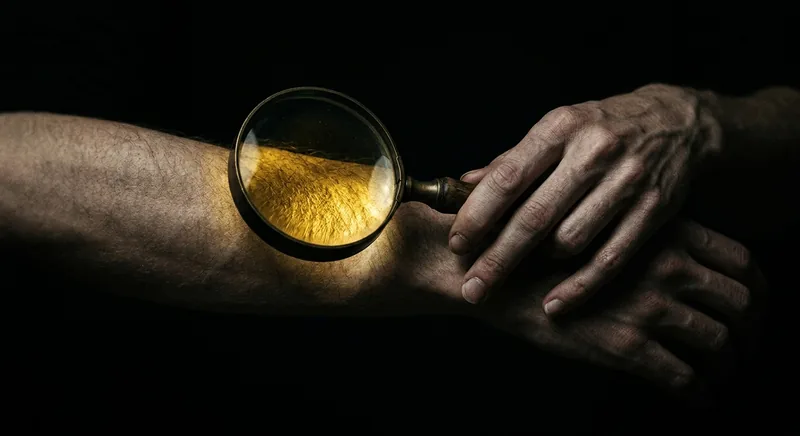 Hand examining forearm through magnifying glass with ominous golden glow symbolizing health anxiety hypervigilance