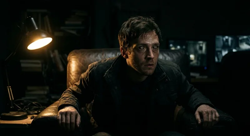 Wide-eyed figure scanning a dark room with golden reflections symbolizing hypervigilance