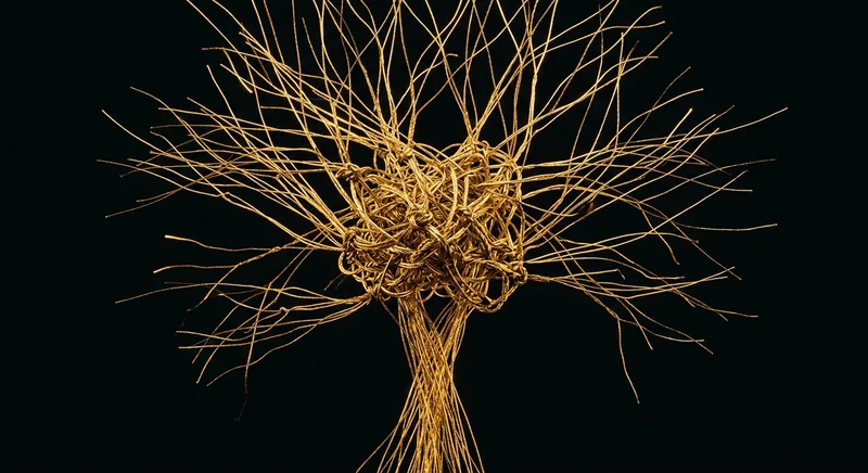 Tangled golden threads forming a central knot radiating in two directions symbolizing the gut-brain anxiety connection