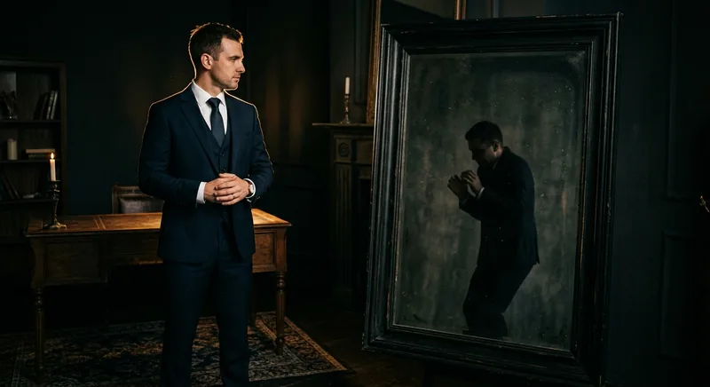 Professional figure facing a dark mirror reflecting a small fearful shadow symbolizing imposter syndrome