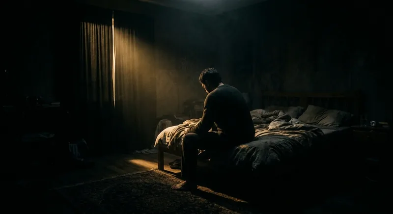 Person sitting alone on bed edge in darkness with a thin beam of golden light symbolizing sleepless anxiety