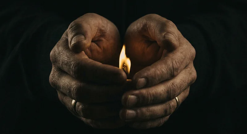 Hands gripping golden flame too tightly causing it to flicker symbolizing jealousy as fear of loss