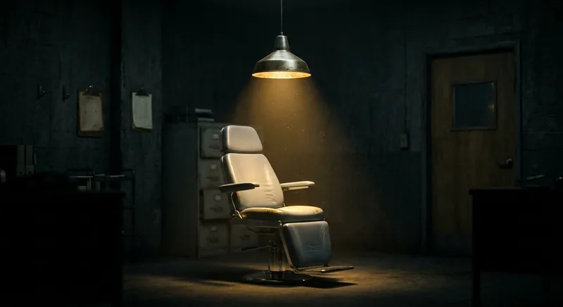 Empty clinical chair under single golden lamp in darkness symbolizing medical and dental anxiety
