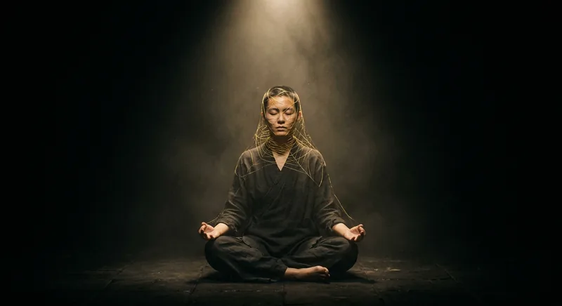 Person meditating with golden thread-like web forming around their head symbolizing self-hypnosis mechanism