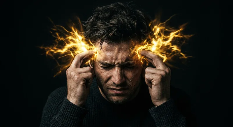 Hands pressing temples with golden light radiating outward symbolizing migraine neural network activation