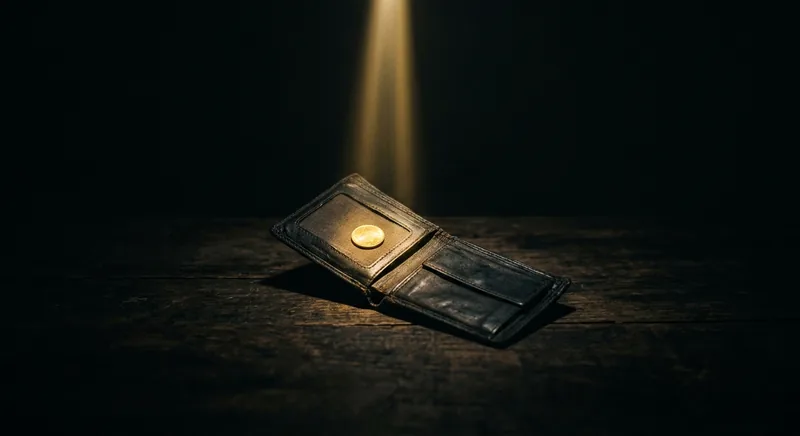 Single golden coin in empty wallet under beam of light symbolizing scarcity-driven money anxiety