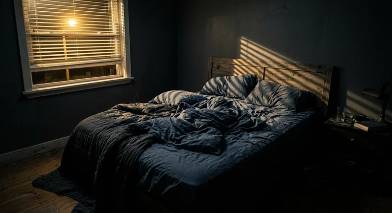 Twisted empty bed sheets in darkness with golden light through blinds symbolizing adult nightmares and night terrors