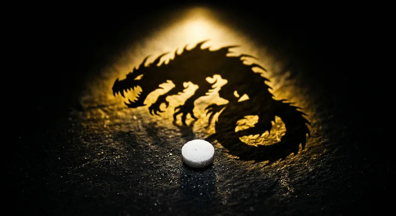 White pill casting large menacing golden shadow symbolizing nocebo effect where fear creates real symptoms