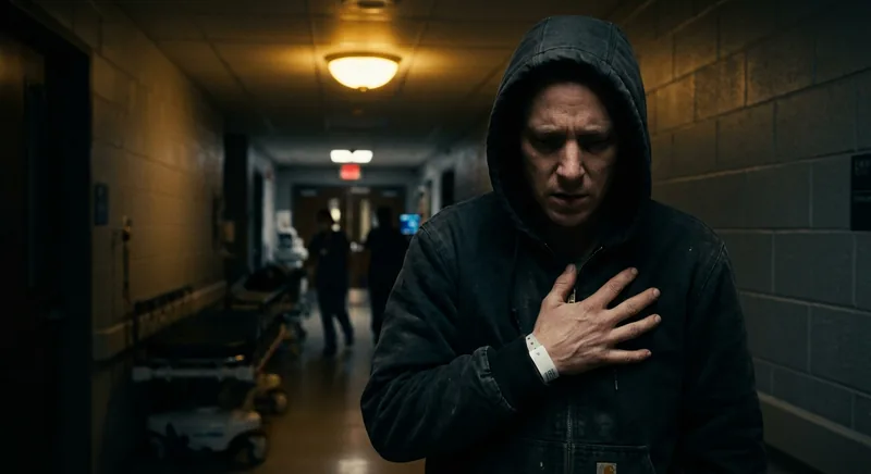 Person clutching chest in dark hospital corridor with dramatic golden light overhead