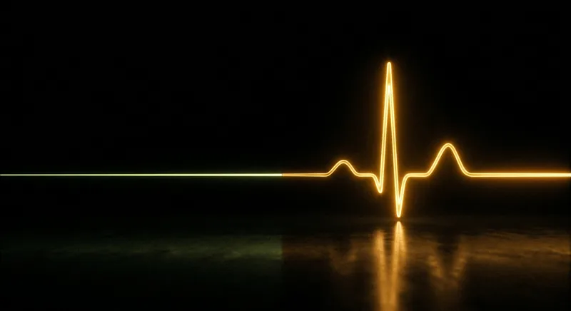 Heart monitor line transforming from flatline to golden pulse symbolizing fear generating real symptoms