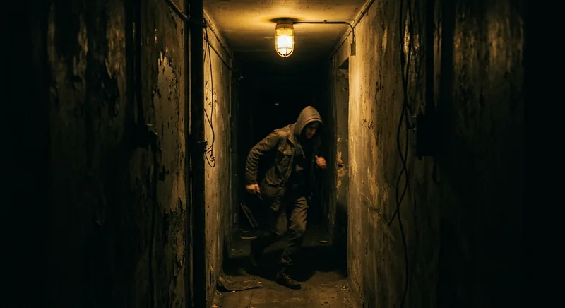 Figure trapped in dark narrowing corridor under golden emergency light symbolizing panic activation