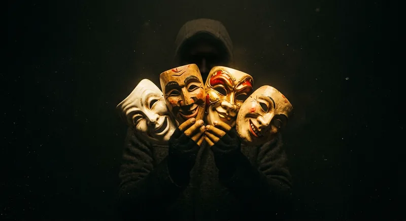 Person in shadow holding smiling masks illuminated by golden light symbolizing people pleasing as survival