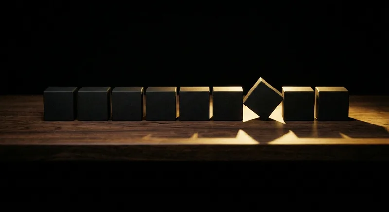 Perfect row of objects with one misaligned casting golden shadow symbolizing perfectionism as hidden fear