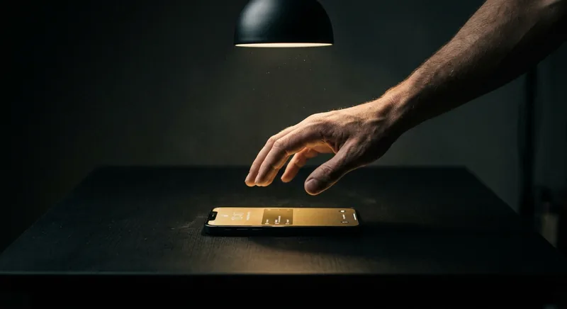 Hand frozen above glowing phone screen in darkness symbolizing phone call anxiety