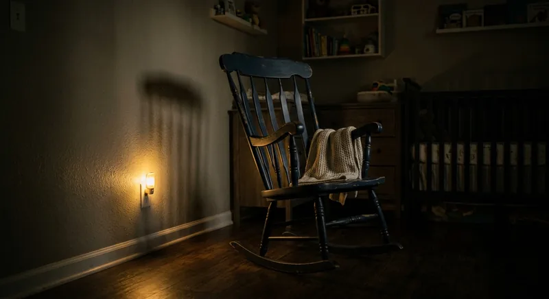 Empty rocking chair in dark nursery with golden nightlight glow symbolizing postpartum anxiety vigilance