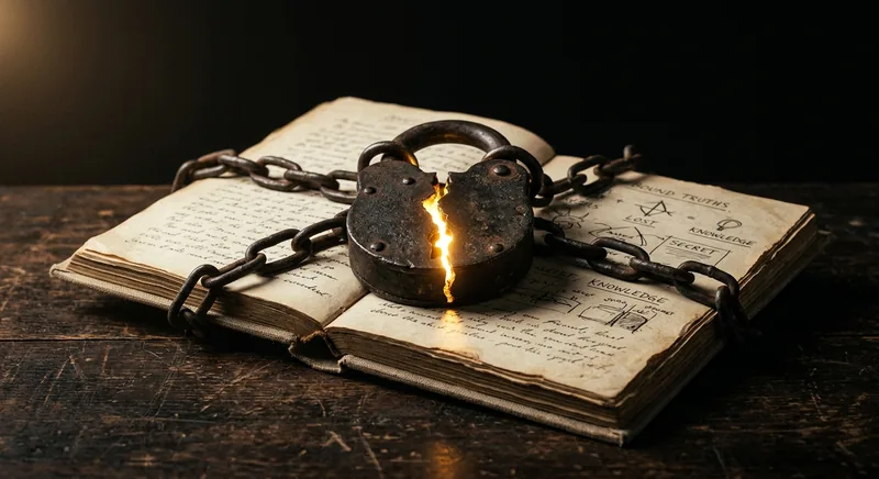 Cracked iron padlock chained to a notebook with golden light escaping symbolizing procrastination as fear not laziness