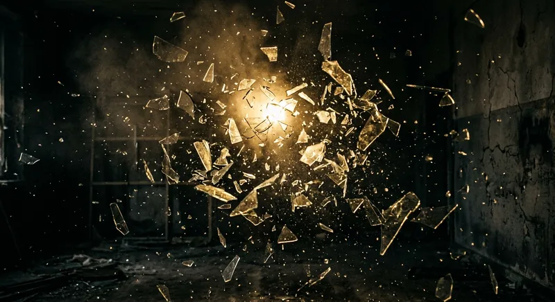 Shattered glass fragments suspended in dark air reflecting golden light symbolizing frozen trauma