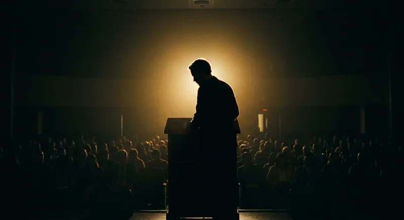 Silhouette at podium backlit by golden light facing dark audience symbolizing public speaking fear