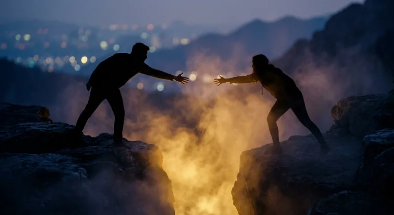 Two silhouettes reaching across a dark gap with golden light between them symbolizing relationship anxiety