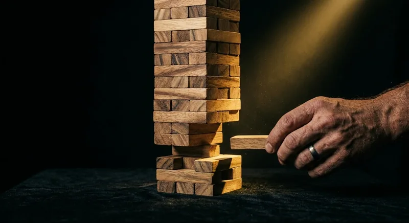 Hand pulling block from base of wooden tower in golden light symbolizing self-sabotage
