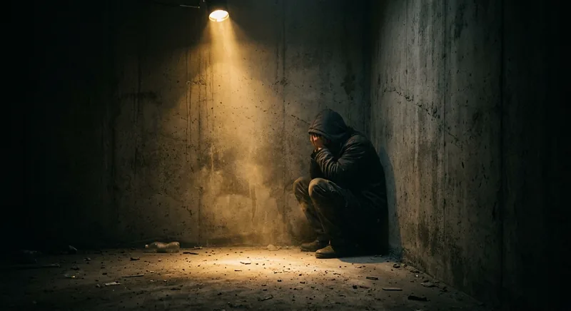 Figure shrinking from a golden spotlight into shadow symbolizing shame and fear of exposure