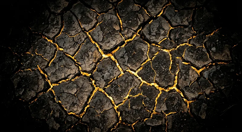Cracked earth surface with golden light rising through fissures symbolizing stress-driven skin conditions
