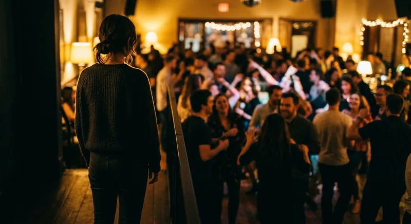 Solitary figure standing apart from a warmly lit crowd symbolizing social anxiety isolation