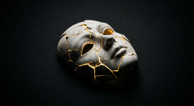 Cracked porcelain mask with golden light shining through symbolizing the hidden engine of social fear