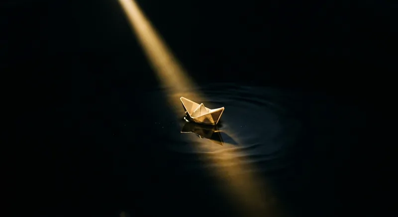 Small paper boat on dark water following a golden light beam symbolizing structural methods guiding children