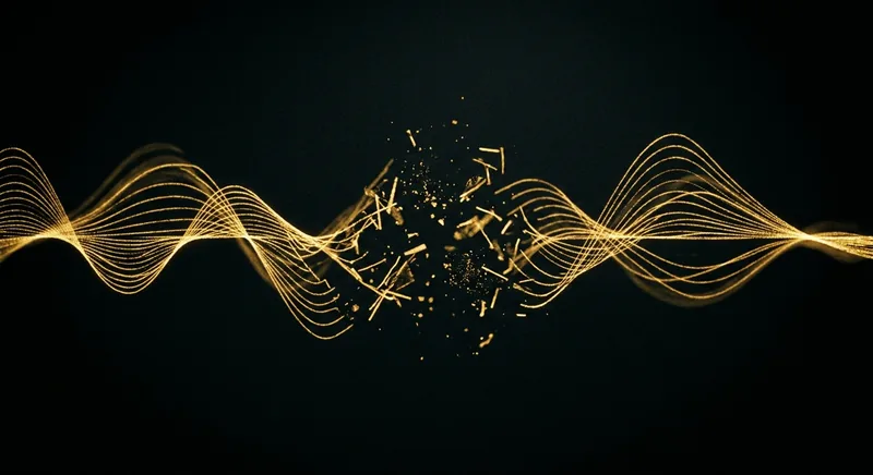 Golden sound waves fracturing in darkness symbolizing stuttering as fear network blocking speech