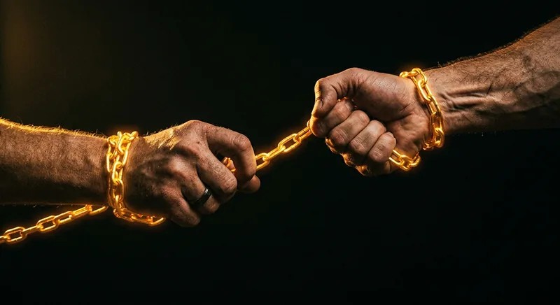 Two hands bound by a glowing golden chain with one pulling away symbolizing trauma bonding